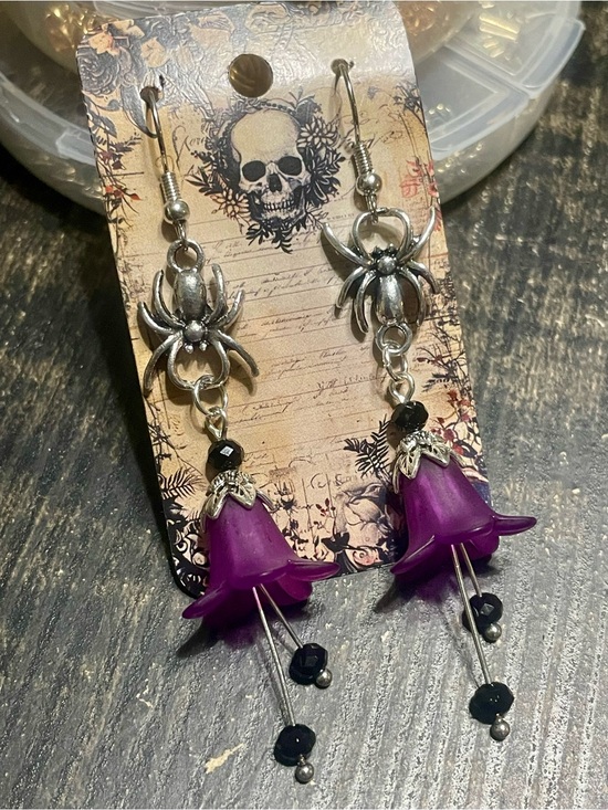 Hand Crafted Jewelry - Hand Crafted Deadly Nightshade Earrings with Silver Spider Charms